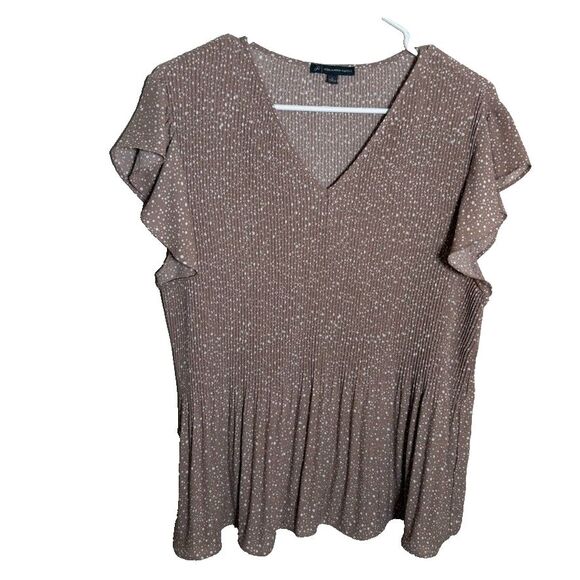 Adrianna Papell Blouse Women's Large Brown Polka Dot Pleated V-Neck Ruffle Top - Picture 1 of 8